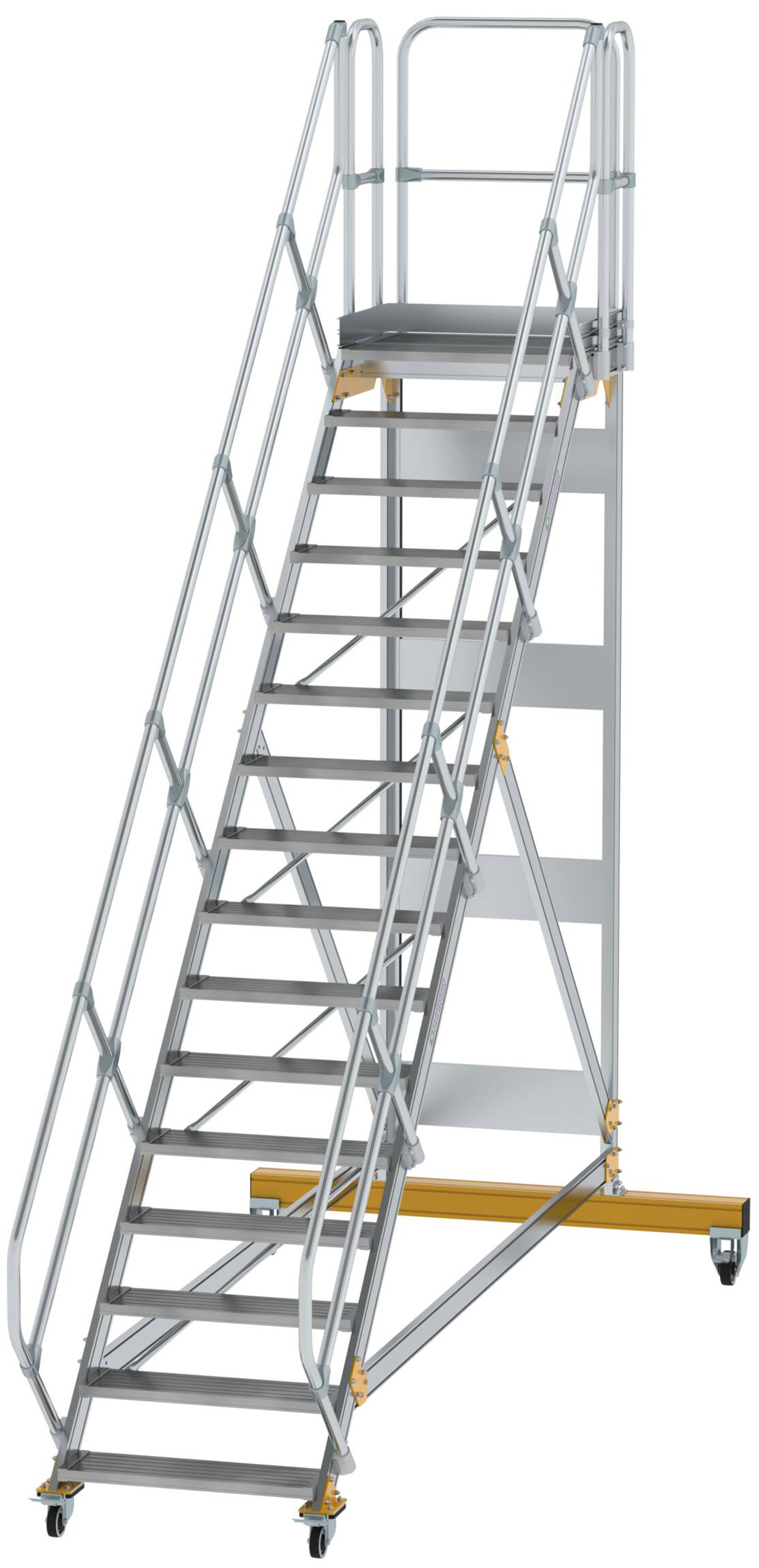 Günzburger Podesttreppe fahrbar 45° 16 Stufen - 800 mm breit Alutreppe fahrbar mit Umlaufgeländer - Stufenausführung Alu gerieft (GB-600796) Bild-01