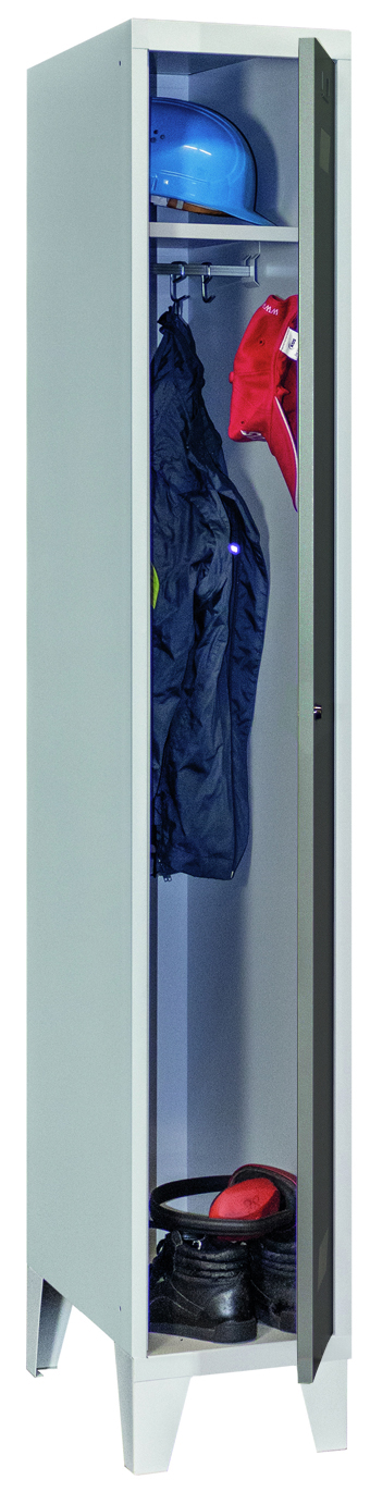 Pavoy Spind mit Füßen 1850 x 300 x 500 mm - 1 Abteil mit Zylinderschloss - RAL 7035 | 7016 Garderobenschrank Stahl Fachbreite 300 mm mit Hutboden und Kleiderstange - Korpus lichtgrau | Türen anthrazitgrau (PA-60201-113-031-735716) Bild-01