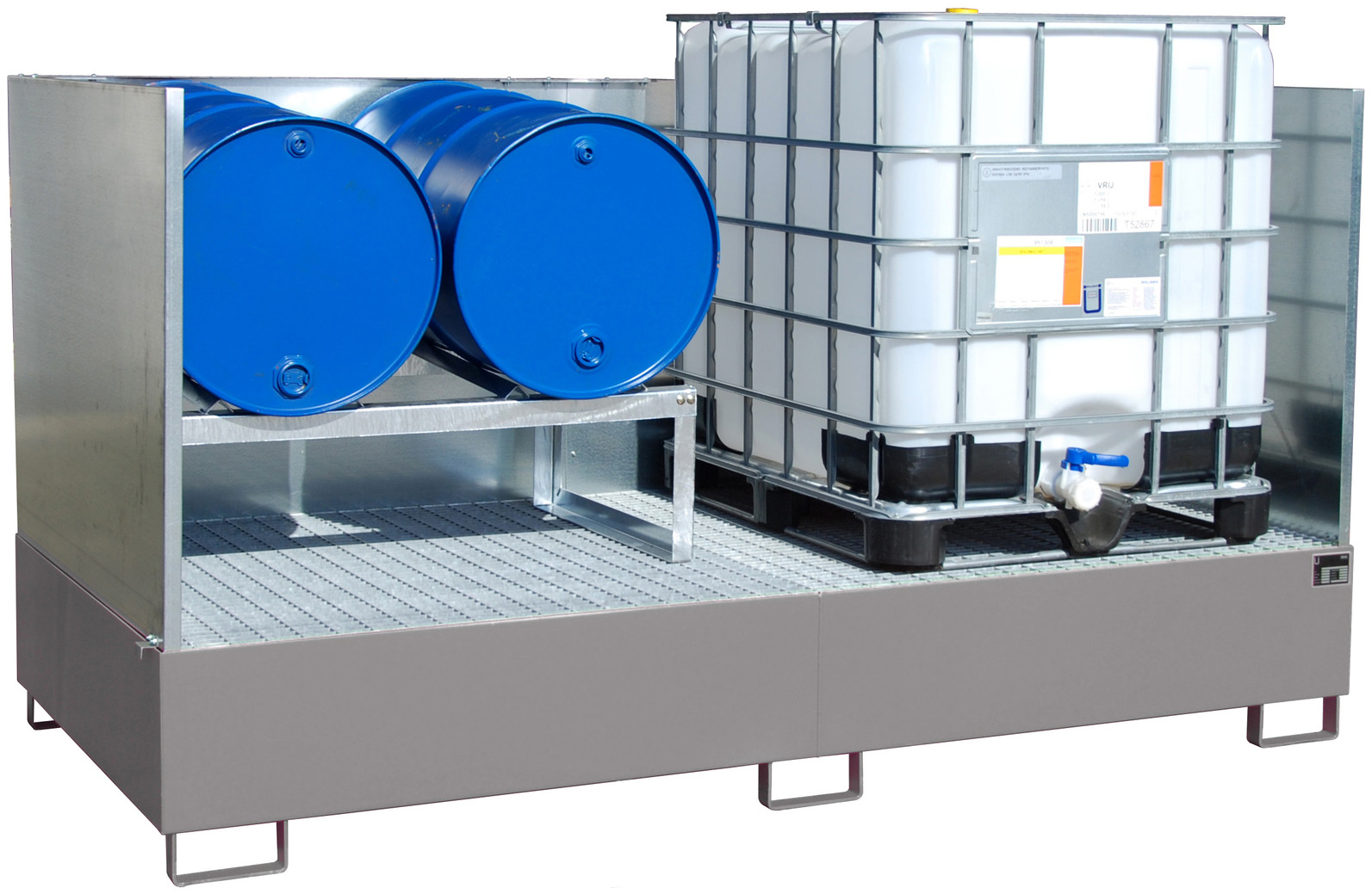 Bauer Auffangwanne Stahl AW 1000-2|SW - RAL 7005 Gefahrstoffwanne mausgrau pulverbeschichtet mit Gitterrost - Stahlwanne mit 1000 Liter Auffangvolumen (BA-4402-91-2000-5) Bild-01