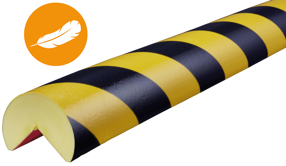 Knuffi Eckschutzprofil Typ A+ Ø 60 mm gelb | schwarz PU - 1,00 m Soft Warnschutz Profil Rundprofil mit Winkelaussparung aus Polyurethan - Eckprofil gestreift extra soft | mit selbstklebenden Kanten (SM-SOA-10) Bild-01