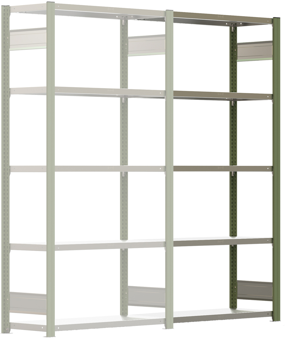 Regalwerk BERT Lagerregal 150|5 Anbaufeld 2000 x 1005 x 400 mm - RAL 6011 Regal mit Kreuzdiagonalen - Fachlast 150 kg - 5 Stahlfachböden verzinkt | Regalrahmen resedagrün pulverbeschichtet (RW-B3-43122-40-RG) Bild-01