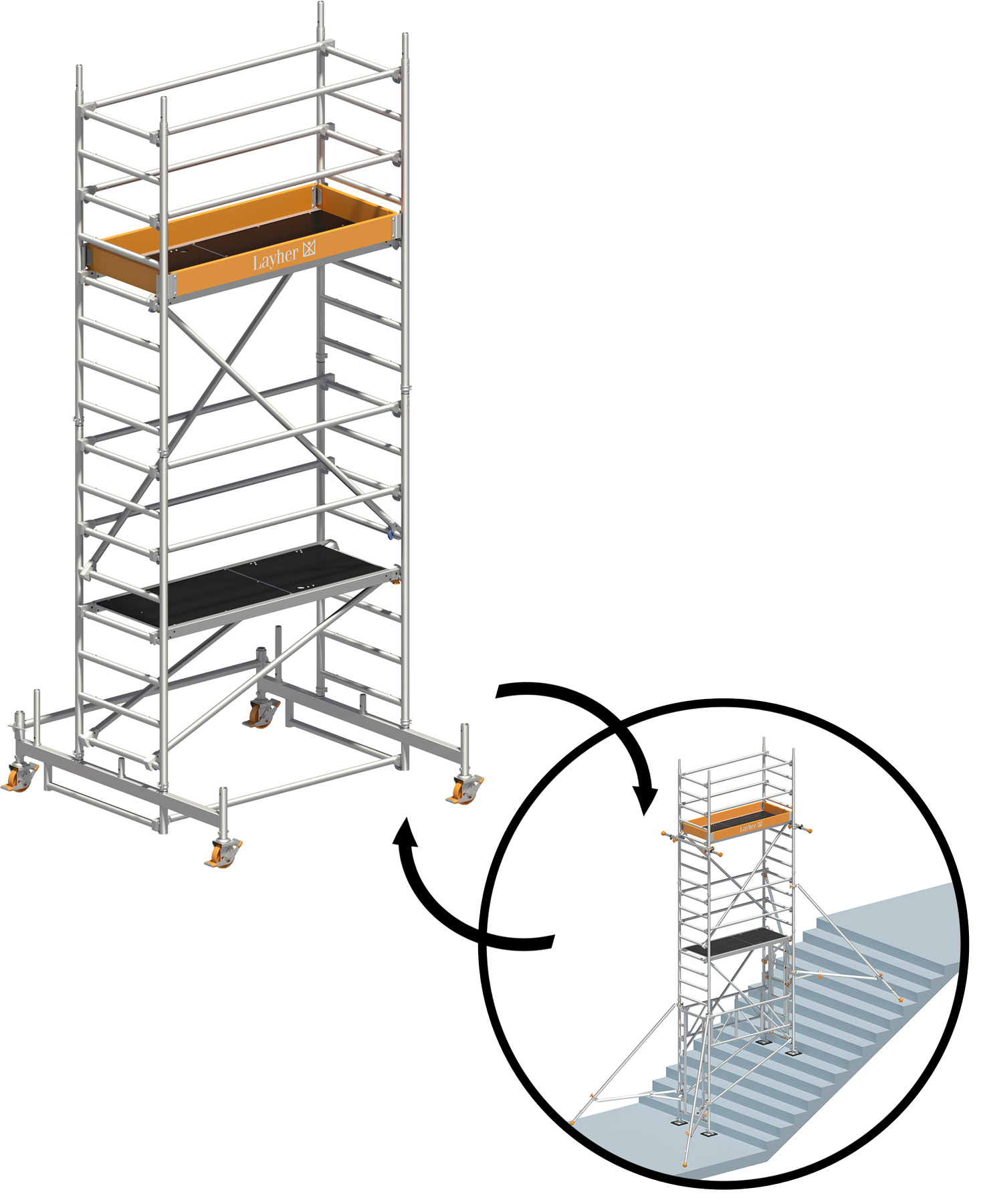 Rollgerüst Layher Uni Leicht P2 hawego PLUS - AH 5,26 m | 7,03 m Gerüst mit TreppenKit-Optimierung - Arbeitshöhe Fahrgerüst 5,26 m | Treppengerüst 7,03 m (LS-1403203-HP) Bild-01