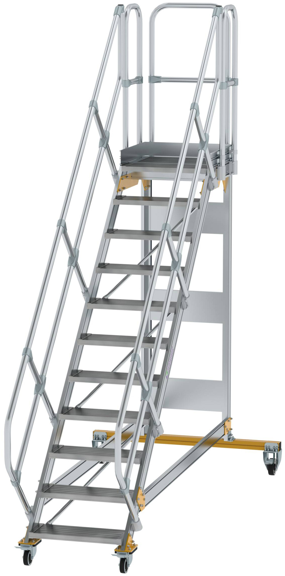 Günzburger Podesttreppe fahrbar 45° 11 Stufen - 600 mm breit Alutreppe fahrbar mit Umlaufgeländer - Stufenausführung Alu gerieft (GB-600771) Bild-01