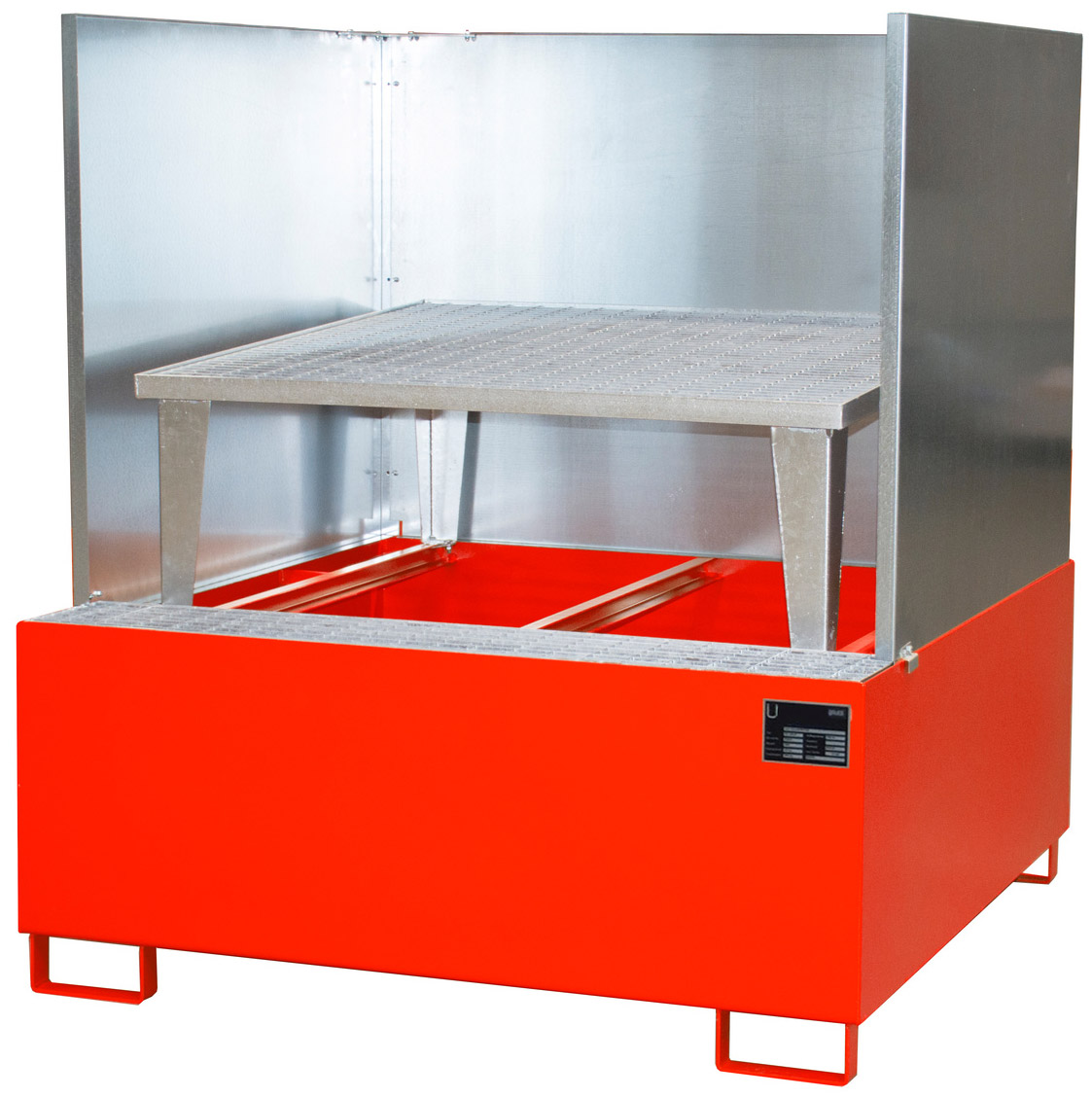 Bauer Auffangwanne Stahl AWA 1000|SW - RAL 3000 Gefahrstoffwanne feuerrot pulverbeschichtet mit Abfüllbock und Spritzschutzwand - Stahlwanne mit 1000 Liter Auffangvolumen (BA-4402-96-2000-2) Bild-01