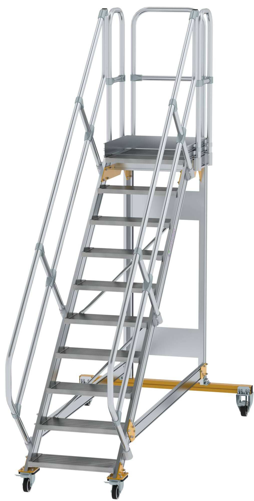 Günzburger Podesttreppe fahrbar 45° 10 Stufen - 600 mm breit Alutreppe fahrbar mit Umlaufgeländer - Stufenausführung Alu gerieft (GB-600770) Bild-01