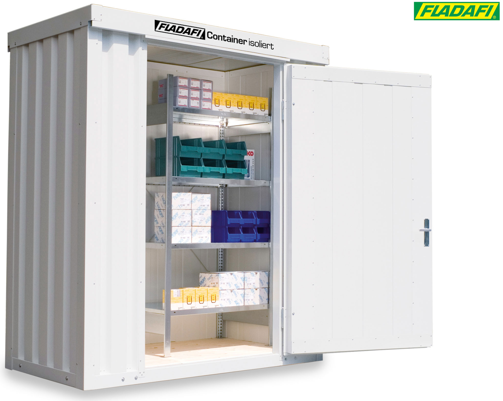 FLADAFI Thermocontainer 2100 x 1140 x 2405 mm mit Holzboden - 1-flügelige Tür auf 2 m Seite Container isoliert IC Pro 1100 mit Tür 1180 x 2090 mm - Materialcontainer 2 m² - Lagercontainer fertig montiert (SB-F2221100101) Bild-01