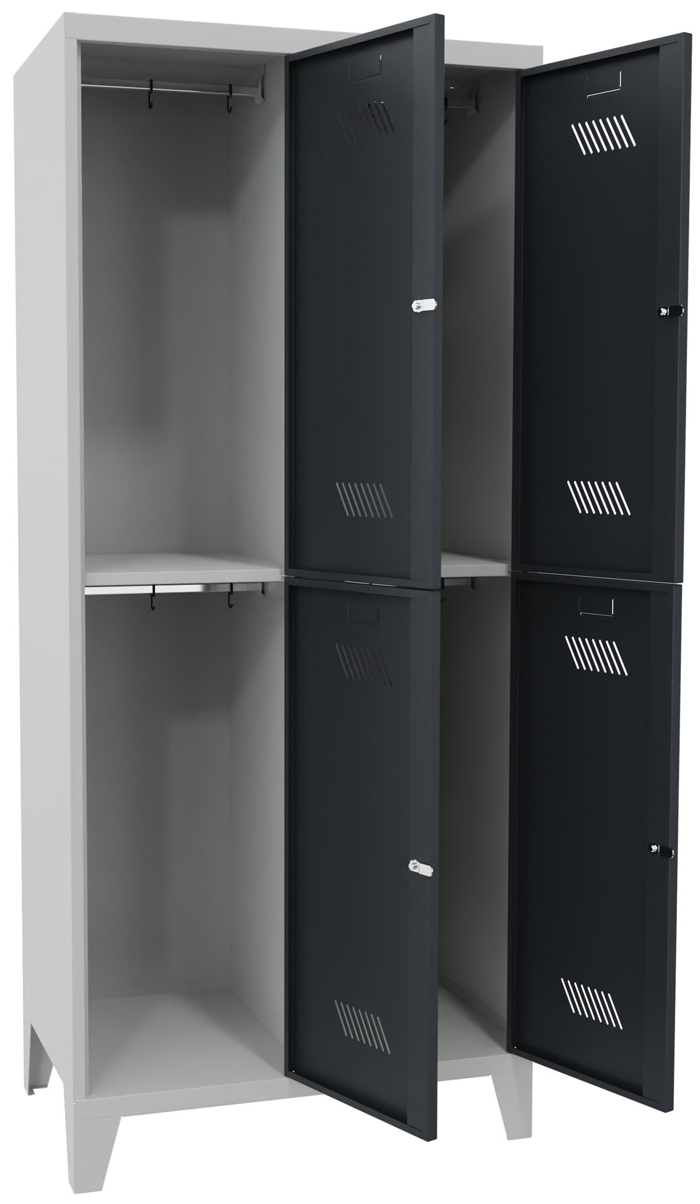 Pavoy Schließfach Spind mit Füßen 1850 x 800 x 500 mm - 4 Abteile mit Zylinderschloss - RAL 7035 | 7016 Schließfach Schrank Stahl Fachbreite 400 mm mit Kleiderstange - Korpus lichtgrau | Türen anthrazitgrau (PA-60260-224-031-735716) Bild-01