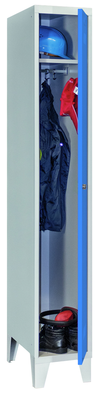Pavoy Spind mit Füßen 1850 x 300 x 500 mm - 1 Abteil mit Zylinderschloss - RAL 7035 | 5012 Garderobenschrank Stahl Fachbreite 300 mm mit Hutboden und Kleiderstange - Korpus lichtgrau | Türen lichtblau (PA-60201-113-031-735512) Bild-01