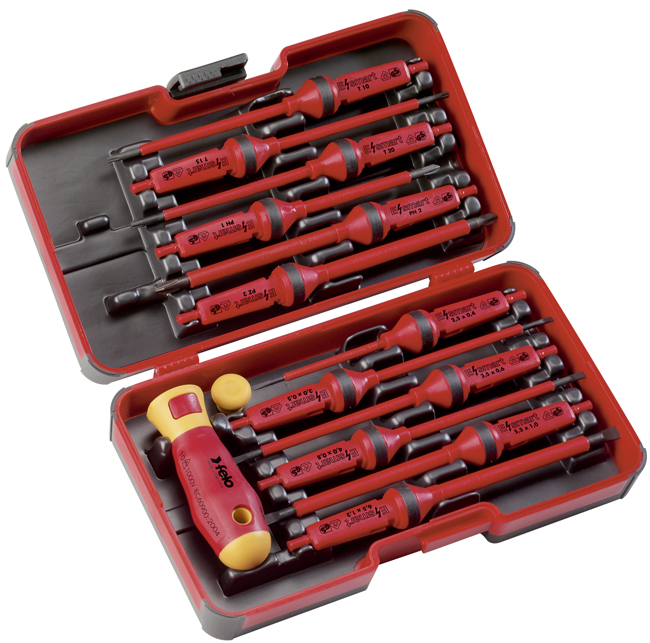 Felo Schraubendreher XL-Strongbox 14-teilig E-smart VDE 063 SL | PH | PZ | T Schraubendreher Griff mit Wechselklingen - 6x Schlitz SL | 2x Kreuzschlitz PH | 1x Kreuzschlitz PZ | 3x Torx T | Metallbox (FL-06391306) Bild-01