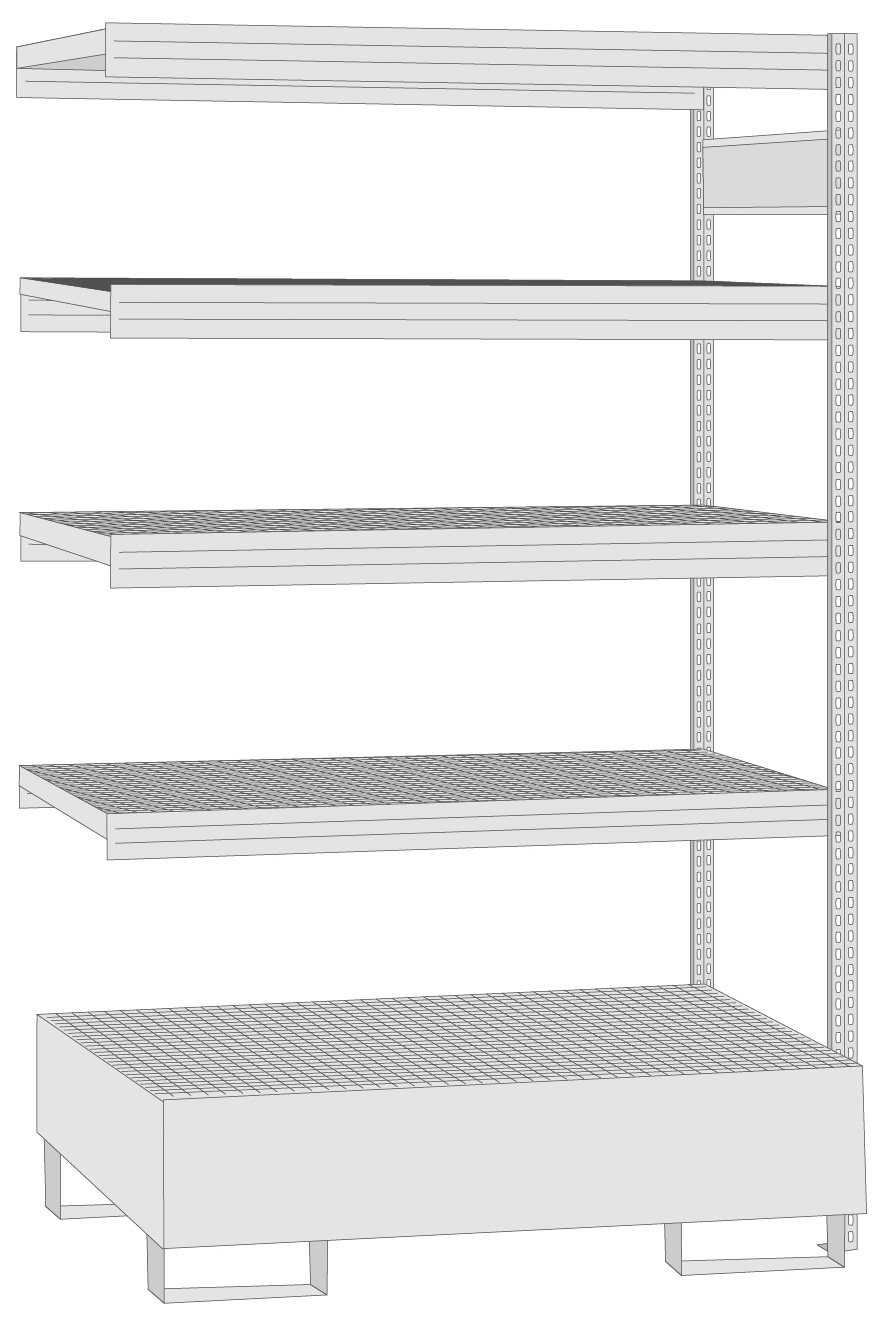Regalwerk BERT Umweltregal Gitterrost | Auffangwanne Anbauregal 2500 x 1285 x 600 mm Regal mit Tiefenriegel - Fachlast 250 kg - 4 Gitterrostebenen - 1 Auffangwanne (RW-B3-65213-60) Bild-01