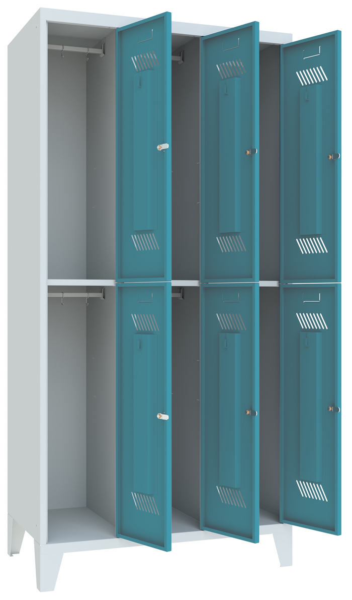 Pavoy Schließfach Spind mit Füßen 1850 x 900 x 500 mm - 6 Abteile mit Zylinderschloss - RAL 7035 | 5012 Schließfach Schrank Stahl Fachbreite 300 mm mit Kleiderstange - Korpus lichtgrau | Türen lichtblau (PA-60260-323-031-735512) Bild-01