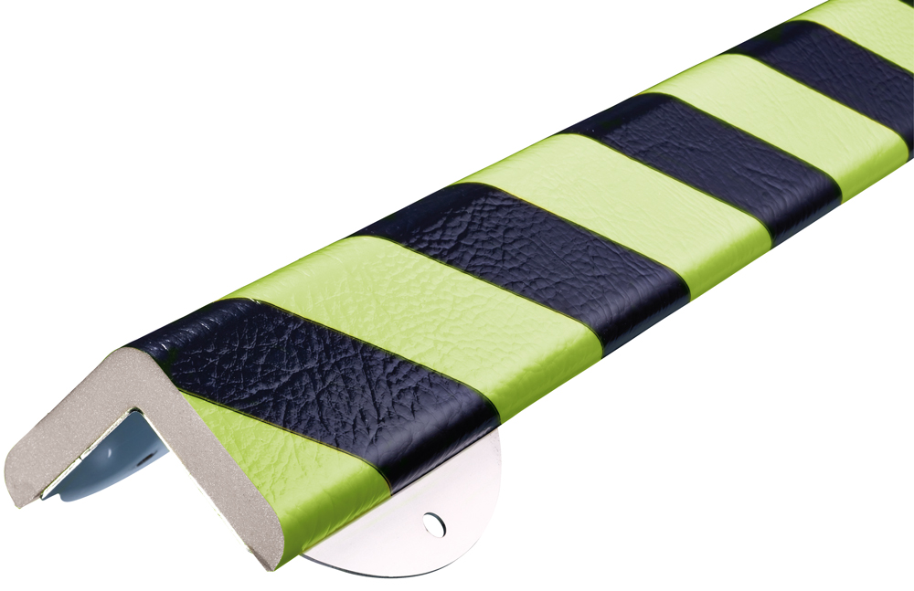 Knuffi Schutzprofil Kit Typ H+ 60 x 60 mm neon | schwarz PU - 0,50 m Warnschutz Profil L-Winkel aus Polyurethan - Eckprofil gestreift mit Befestigungswinkel Edelstahl (SM-WPH-16817) Bild-01