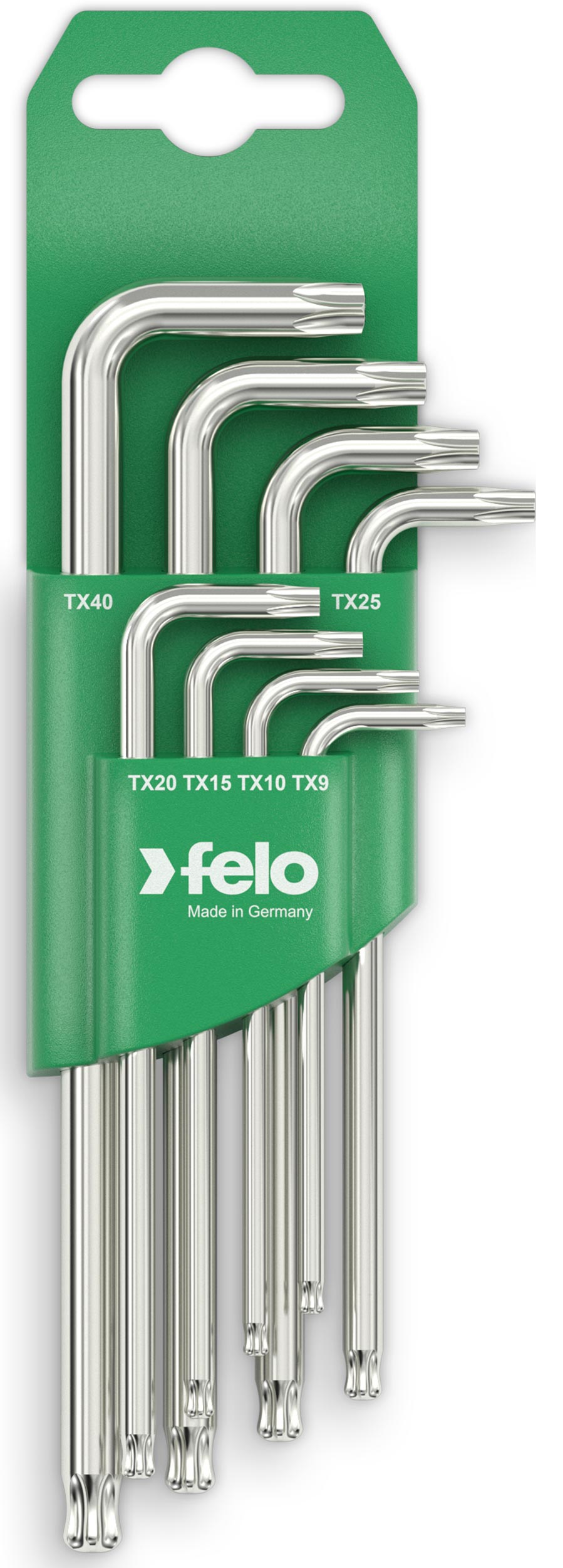 Felo Winkelschlüssel Satz 8-teilig Rundklinge lang mit Kugelkopf 348 Torx T 9 - T 40 Stiftschlüssel Set inkl. Clip - 8x Torx T | Steckschlüssel abgewinkelt beidseitig nutzbar - Serie 348 (FL-34808011) Bild-01