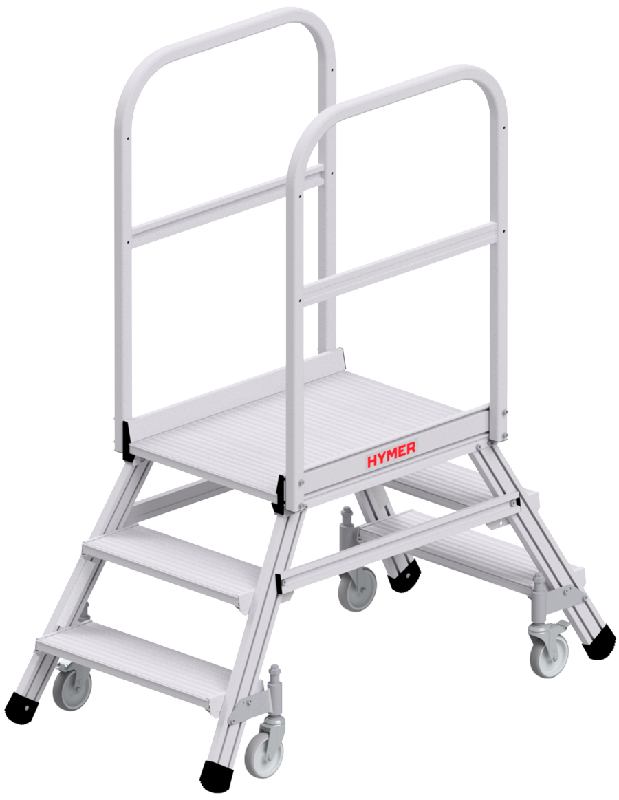 Hymer Podesttreppe fahrbar - 2x3 Stufen Treppe beidseitig begehbar - Plattform 600 x 800 mm | mit Podestgeländer beidseitig - nach DIN EN 131-7 (HY-618903) Bild-01
