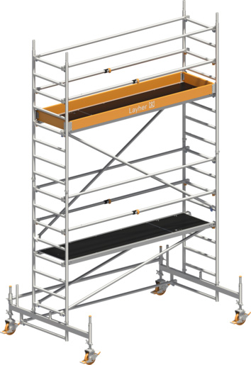 Fahrgerüst Layher Uni Standard P2 1411103 mit Telegeländer - Arbeitshöhe 5,35 m fahrbares Gerüst mit teleskopierbaren Geländern - Rollgerüst Sicherheitsaufbau P2 mit Fahrbalken (LS-1411103) Bild-01