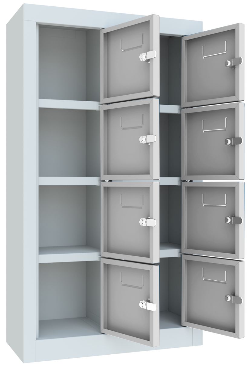 Pavoy Schließfachschrank Kleinfach 815 x 460 x 200 mm - 4 x 2 Fächer mit Etikettenrahmen - RAL 7035 Stahlschrank mit Zylinderschlössern Fachbreite 230 mm | 8 Fächer - Korpus lichtgrau | Türen lichtgrau (PA-21228-046-004-735) Bild-01