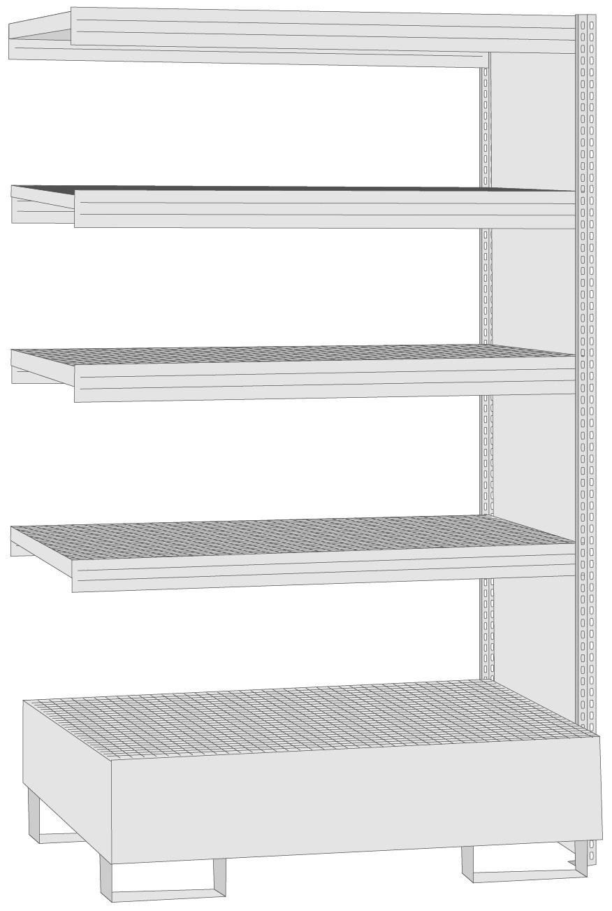 Regalwerk BERT Umweltregal SW Gitterrost | Auffangwanne Anbauregal 2500 x 1285 x 600 mm Regal mit Tiefenriegel - Fachlast 250 kg - 4 Gitterrostebenen - 1 Auffangwanne (RW-B3-66413-60) Bild-01