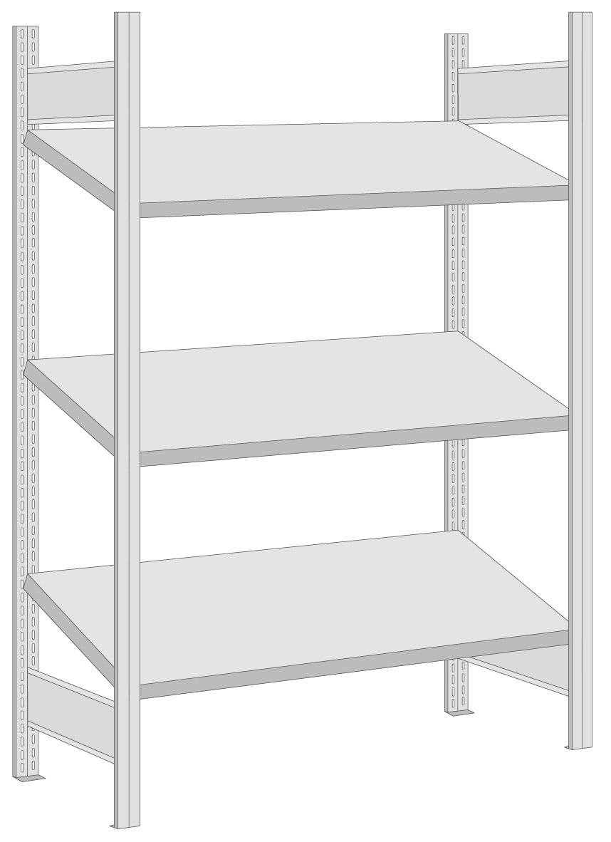 Regalwerk BERT Schrägbodenregal Grundfeld 2000 x 875 x 600 mm Regal mit Tiefenriegel - Fachlast 150 kg - 3 Ebenen (RW-B3-82108-60) Bild-01