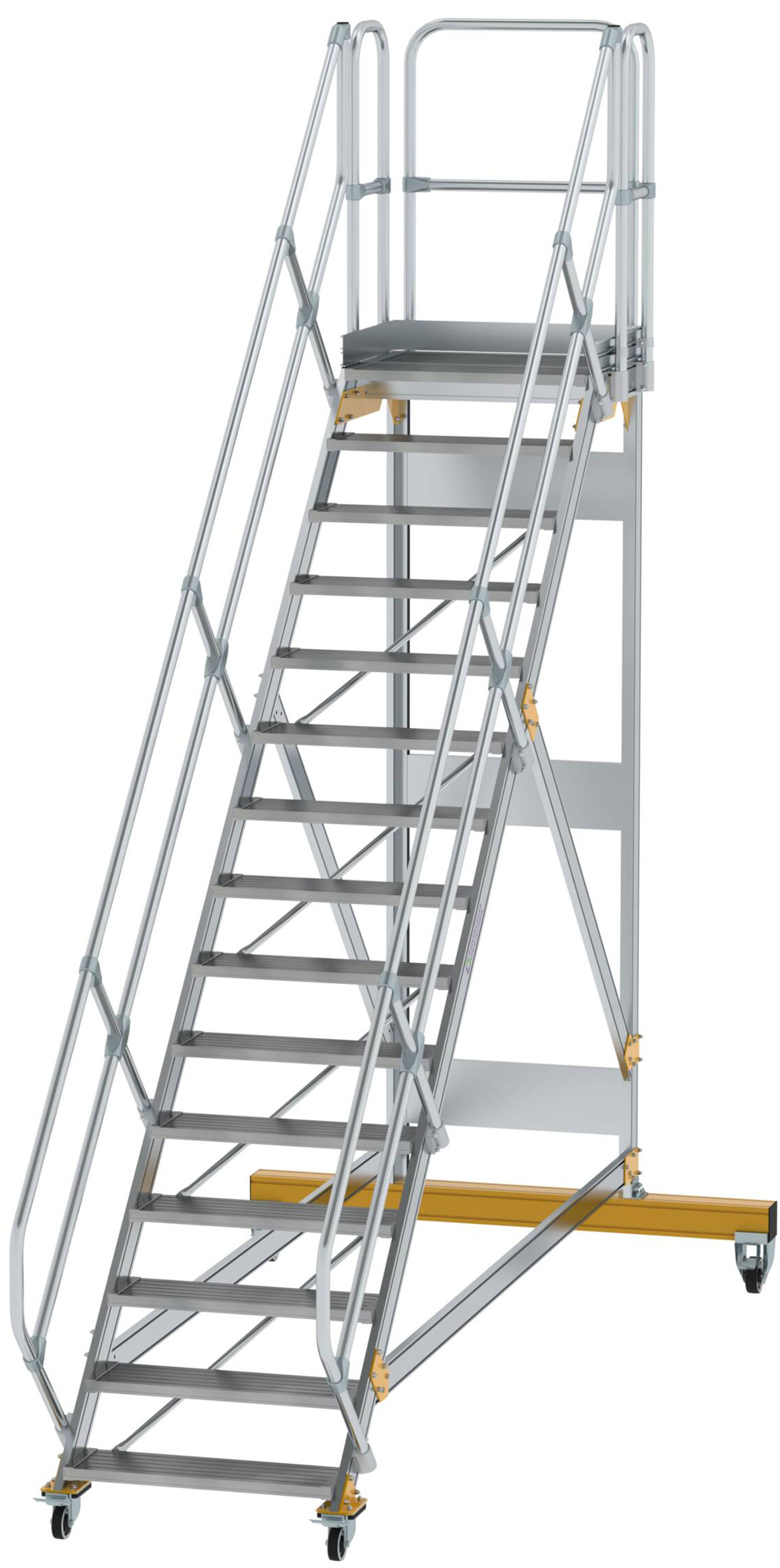 Günzburger Podesttreppe fahrbar 45° 15 Stufen - 800 mm breit Alutreppe fahrbar mit Umlaufgeländer - Stufenausführung Alu gerieft (GB-600795) Bild-01