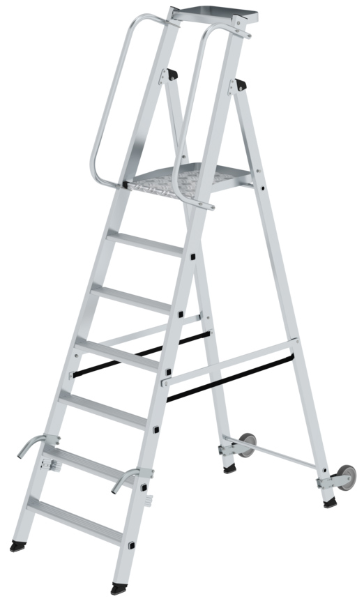 Günzburger Stehleiter mit Rollen und Griff Alu 7 Stufen Leiter mit großer Plattform und Ablageschale - einseitig begehbar (GB-51087) Bild-01