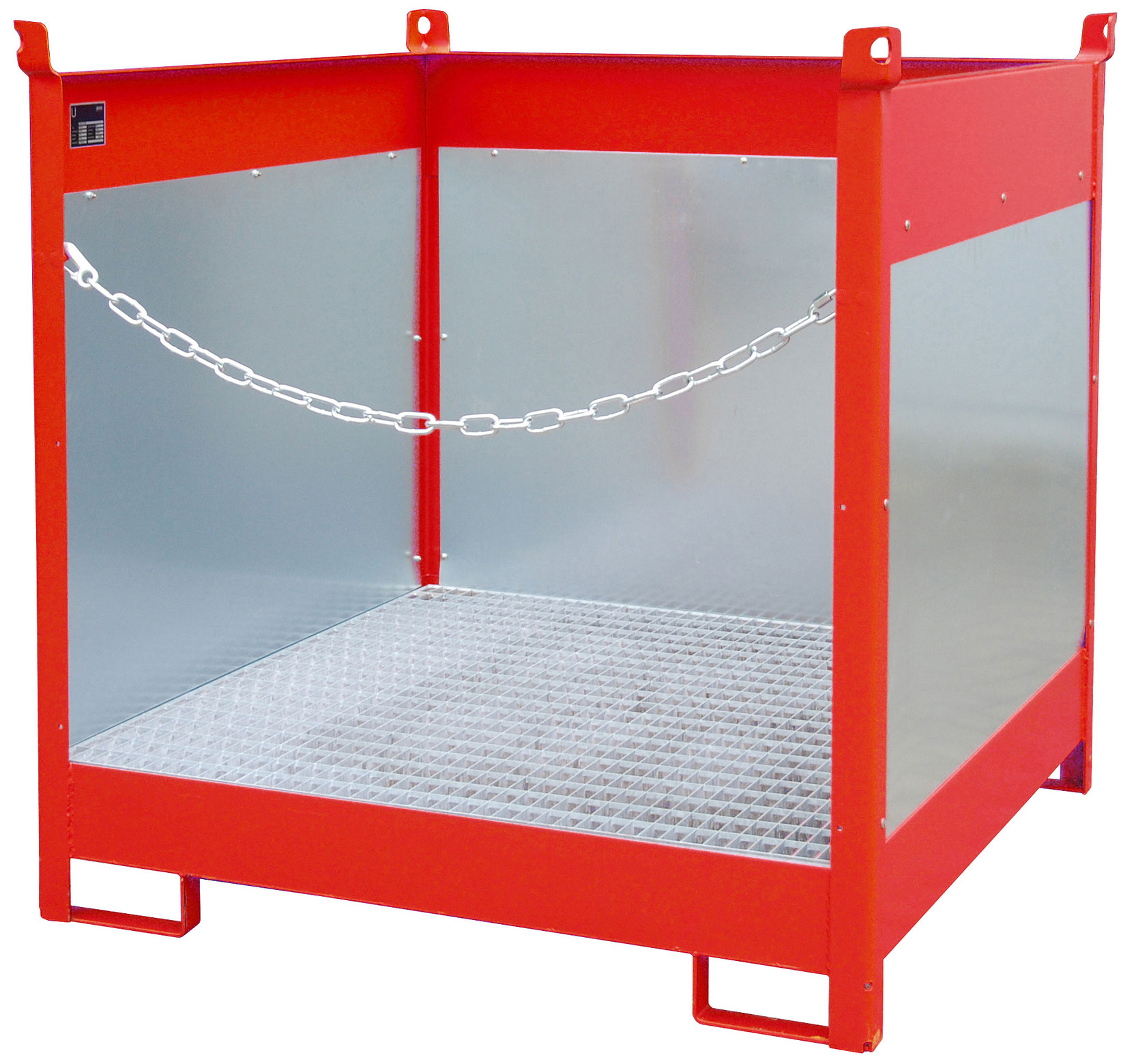 Bauer Fass-Stapelpalette Stahl FSP-4|G - RAL 3000 Transportgestell feuerrot pulverbeschichtet mit Auffangwanne und Spritzschutzwand - Stapelgestell für 4 Fässer 200 Liter (BA-4442-02-0000-2) Bild-01
