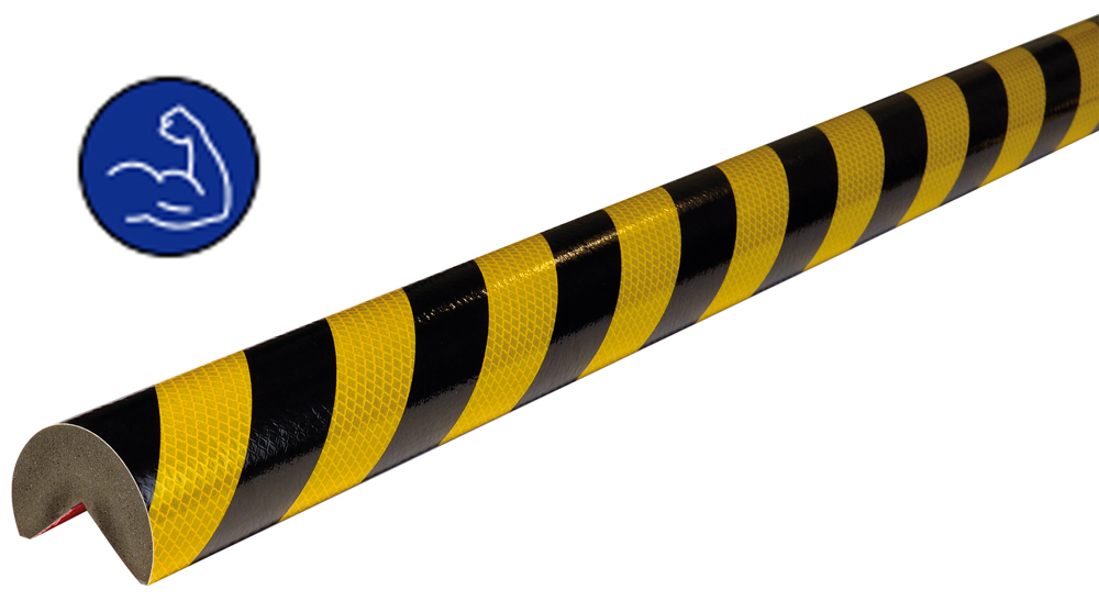 Knuffi Eckschutzprofil Typ A+ Ø 60 mm gelb | schwarz PU - 1,00 m reflective Extra Strong Warnschutz Profil Rundprofil mit Winkelaussparung aus Polyurethan - Eckprofil gestreift reflektierend | temperaturbeständig | mit selbstklebenden Kanten (SM-PAR-11710