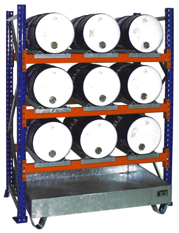 Bauer Fassregal Stahl Serie 3004 Grundfeld 2000 x 1510 x 800 mm - 3E|AW 60 Gefahrstoffregal pulverbeschichtet - Lagerung 9 x 60 l Fass liegend - Auffangwanne verzinkt ohne Gitterrost (BA-4473-03-0000-7) Bild-01