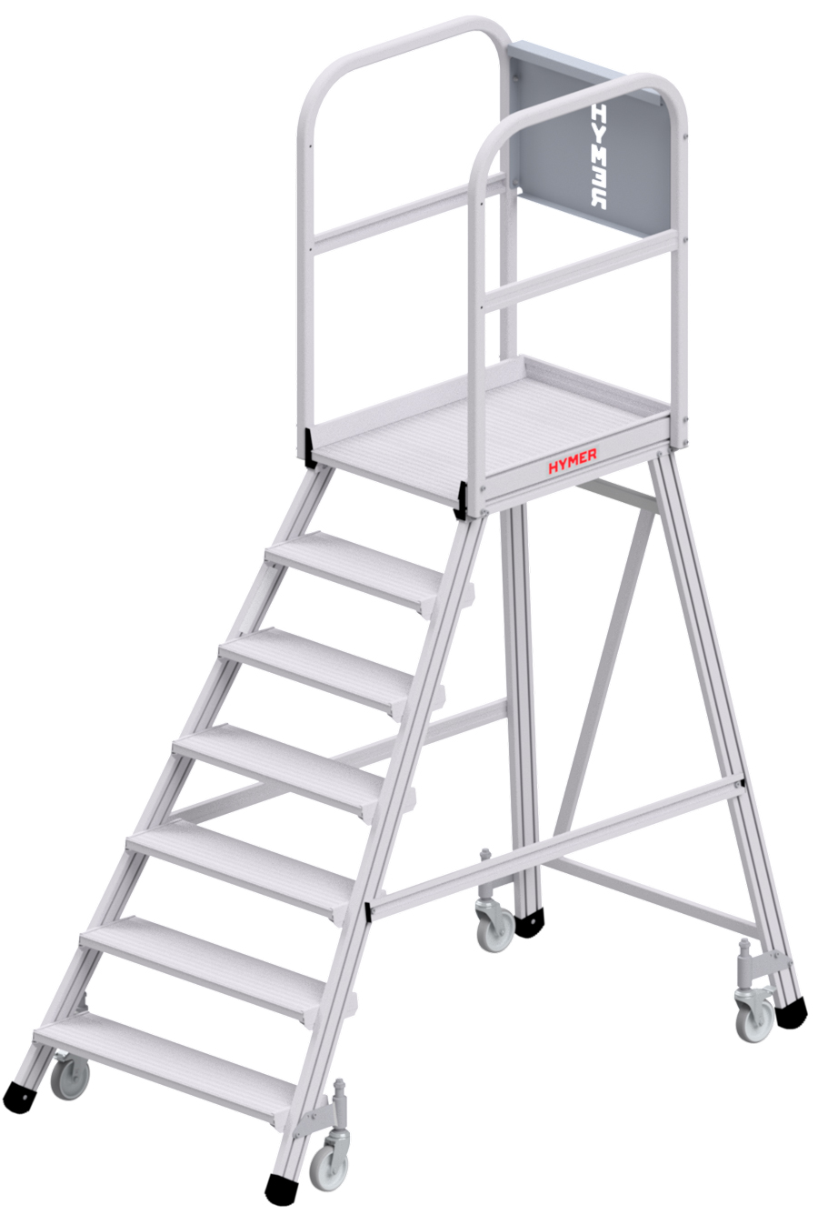 Hymer Podesttreppe fahrbar - 7 Stufen Treppe einseitig begehbar - Plattform 600 x 800 mm | mit Umlaufgeländer - nach DIN EN 131-7 (HY-618807) Bild-01