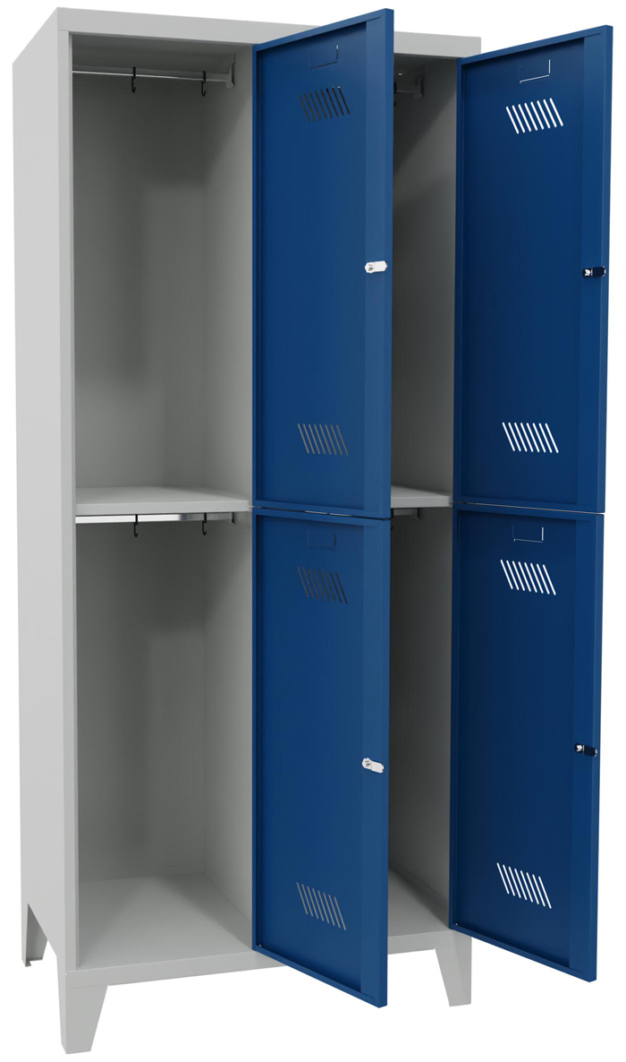 Pavoy Schließfach Spind mit Füßen 1850 x 800 x 500 mm - 4 Abteile mit Zylinderschloss - RAL 7035 | 5010 Schließfach Schrank Stahl Fachbreite 400 mm mit Kleiderstange - Korpus lichtgrau | Türen enzianblau (PA-60260-224-031-735510) Bild-01