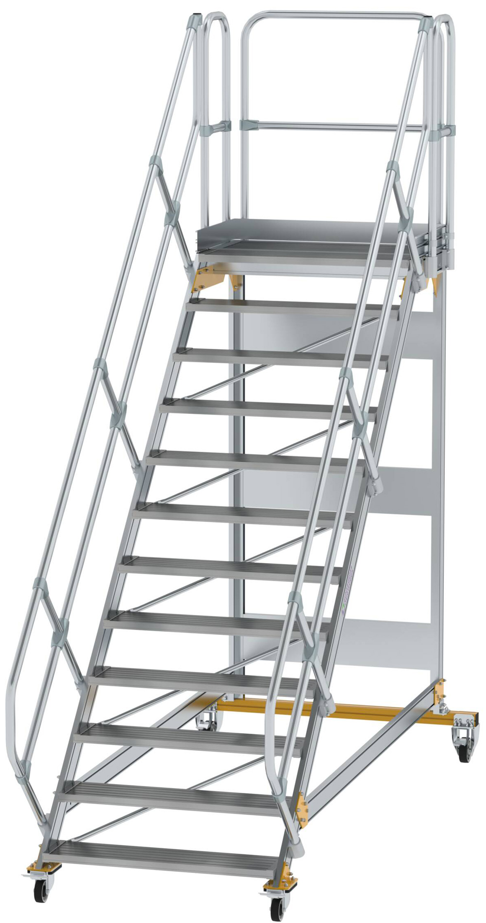 Günzburger Podesttreppe fahrbar 45° 12 Stufen - 1000 mm breit Alutreppe fahrbar mit Umlaufgeländer - Stufenausführung Alu gerieft (GB-600812) Bild-01