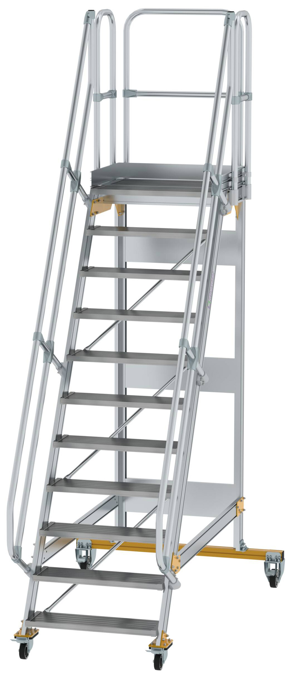 Günzburger Podesttreppe fahrbar 60° 11 Stufen - 800 mm breit Alutreppe fahrbar mit Umlaufgeländer - Stufenausführung Alu gerieft (GB-600731) Bild-01
