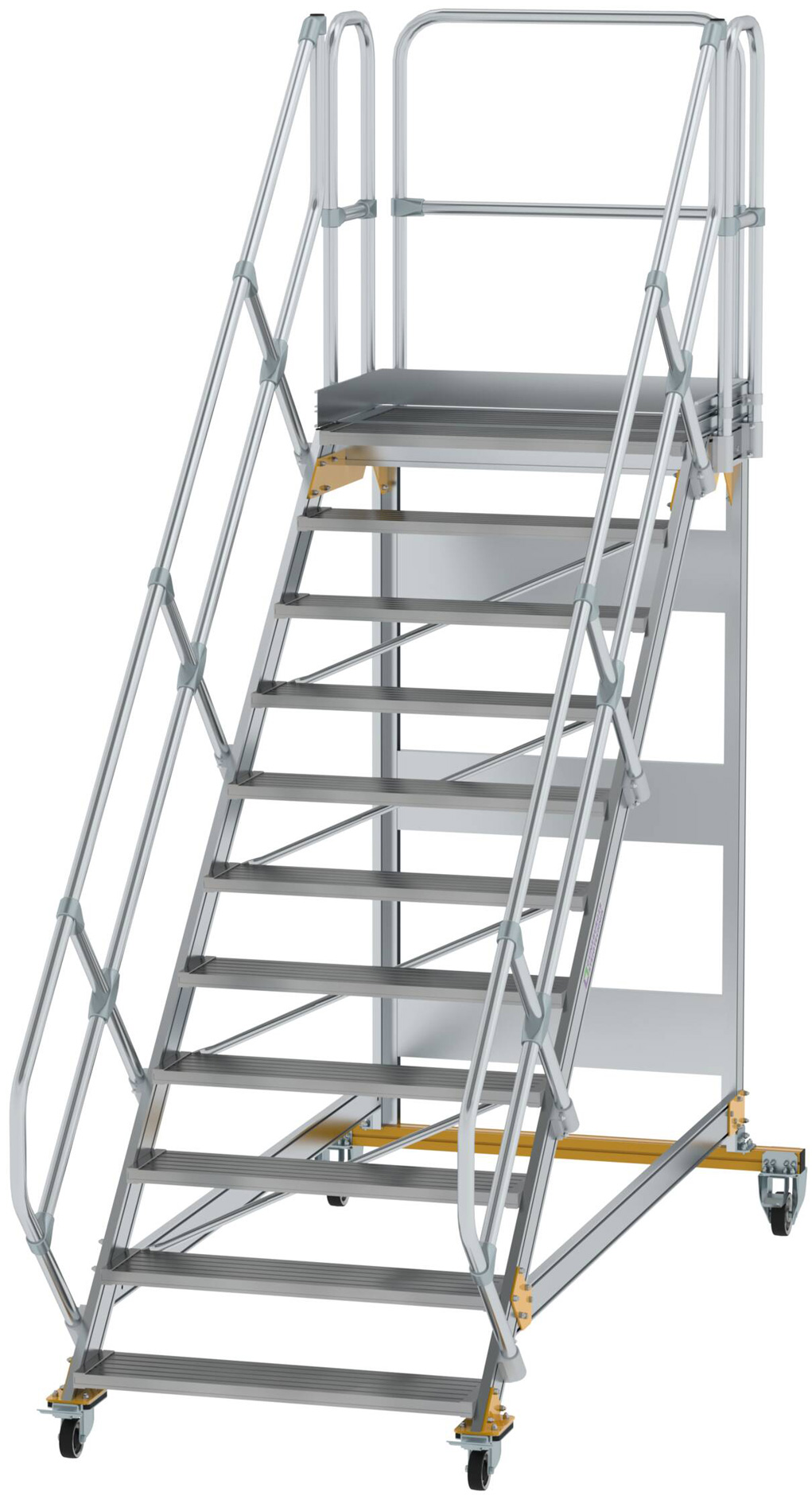 Günzburger Podesttreppe fahrbar 45° 11 Stufen - 1000 mm breit Alutreppe fahrbar mit Umlaufgeländer - Stufenausführung Alu gerieft (GB-600811) Bild-01
