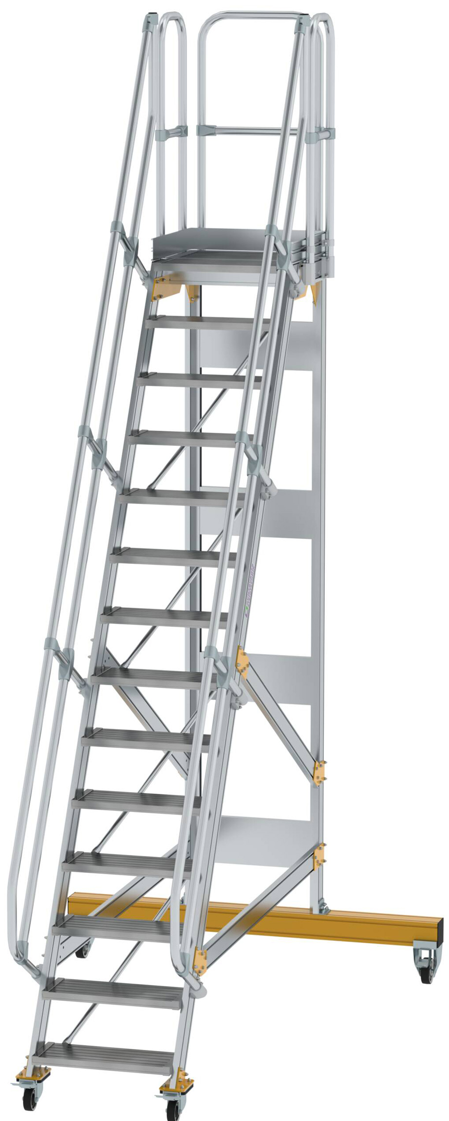 Günzburger Podesttreppe fahrbar 60° 14 Stufen - 600 mm breit Alutreppe fahrbar mit Umlaufgeländer - Stufenausführung Alu gerieft (GB-600714) Bild-01