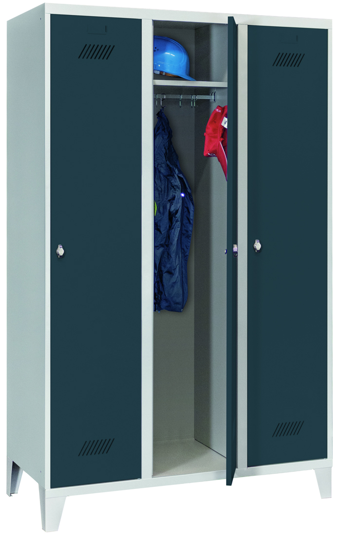 Pavoy Spind mit Füßen 1850 x 1200 x 500 mm - 3 Abteile mit Drehriegel - RAL 7035 | 7016 Garderobenschrank Stahl Fachbreite 400 mm mit Hutboden und Kleiderstange - Korpus lichtgrau | Türen anthrazitgrau (PA-60201-314-032-735716) Bild-01