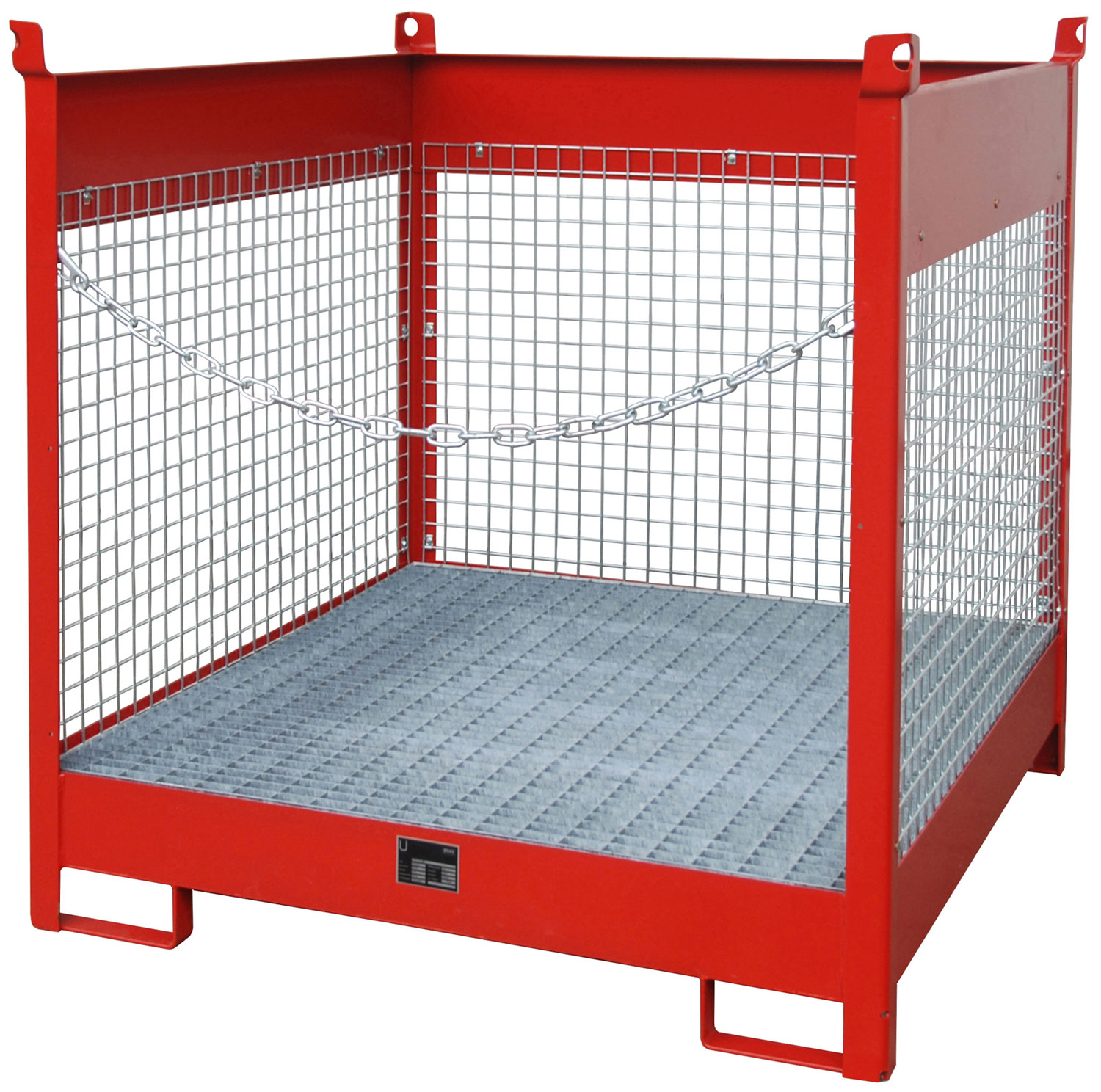 Bauer Fass-Stapelpalette Stahl FSP-4|D - RAL 3000 Transportgestell feuerrot pulverbeschichtet mit Auffangwanne und Drahtgitterwänden - Stapelgestell für 4 Fässer 200 Liter (BA-4442-08-0000-2) Bild-01