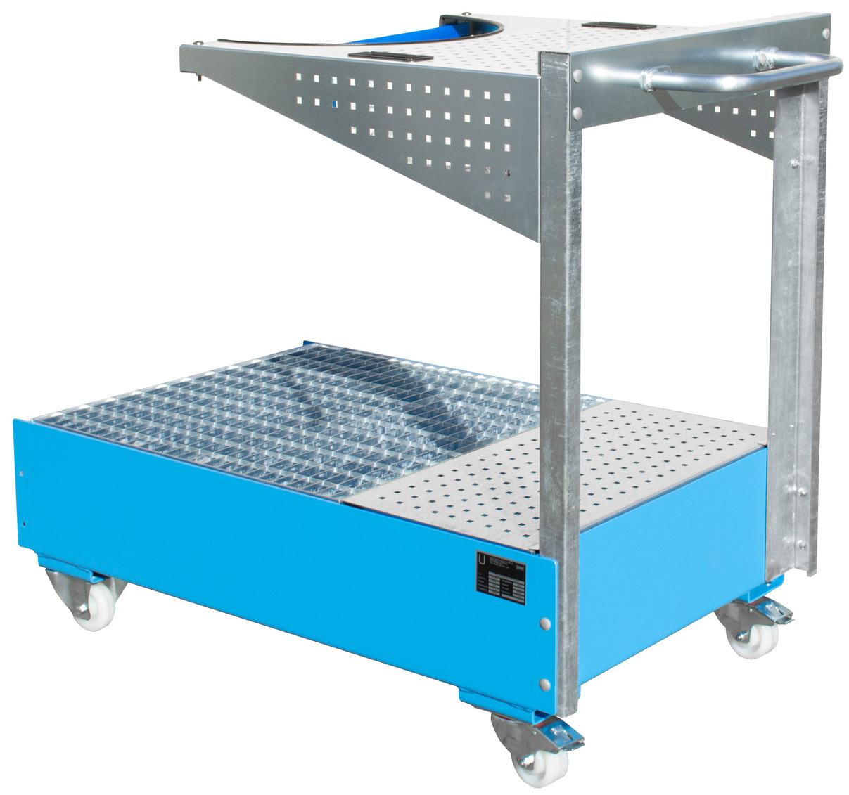 Bauer Auffangwanne fahrbar Stahl LPW 200-4 - RAL 5012 Gefahrstoffwanne mobil lichtblau pulverbeschichtet mit Gitterrost und Haltevorrichtung - Stahlwanne für 1 Fass 200 Liter (BA-4447-61-0000-3) Bild-01