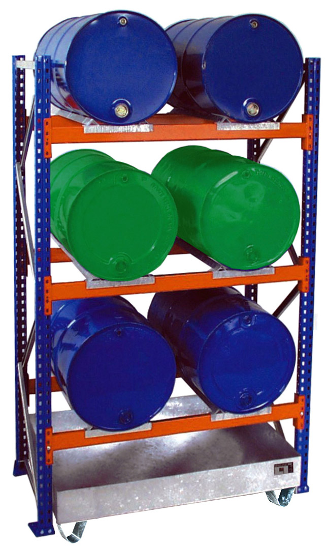 Bauer Fassregal Stahl Serie 3002 Grundfeld 2500 x 1510 x 800 mm - 3E|AW 200 Gefahrstoffregal pulverbeschichtet - Lagerung 6 x 200 l Fass liegend - Auffangwanne verzinkt ohne Gitterrost (BA-4473-02-0000-7) Bild-01