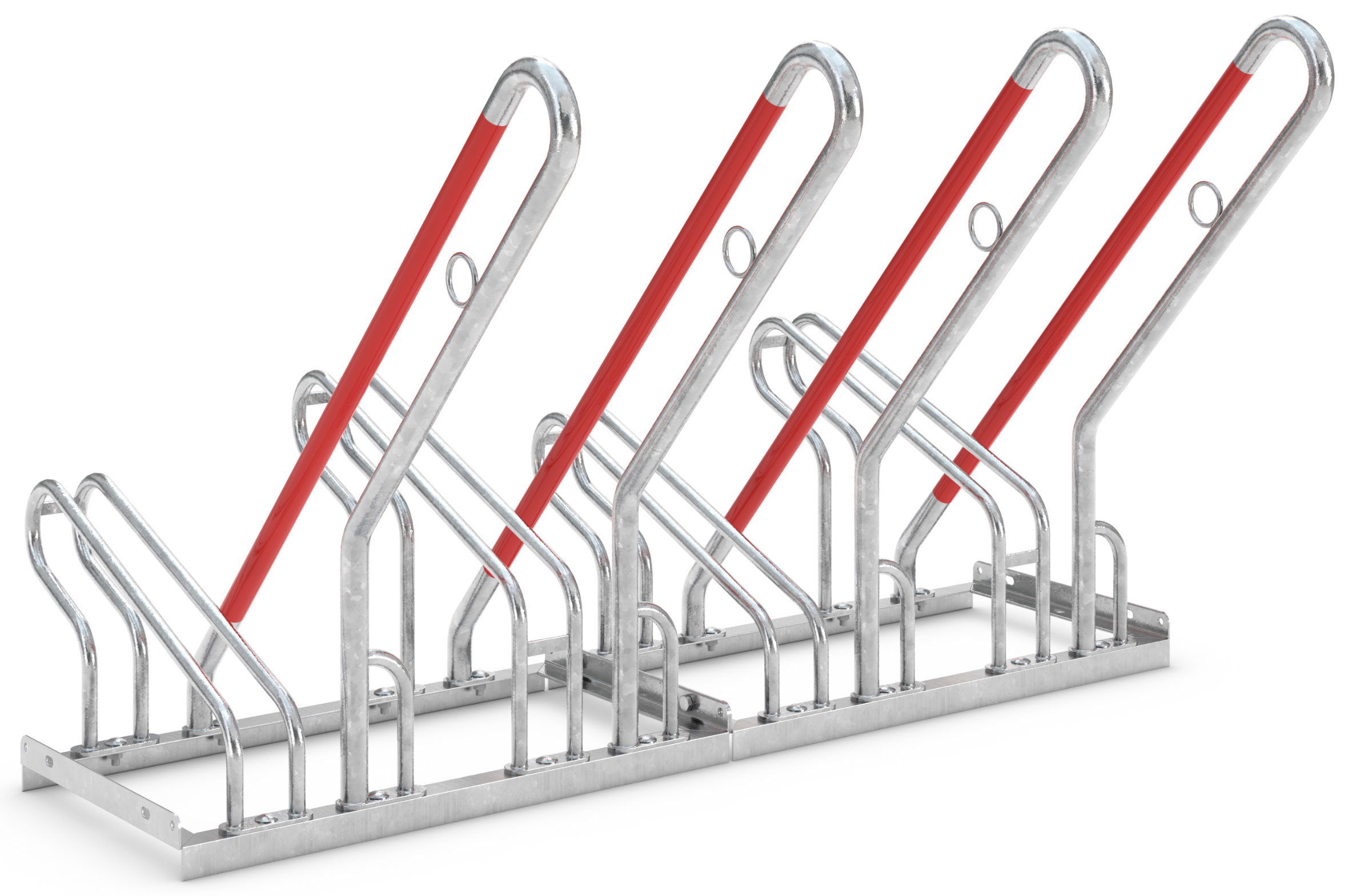 WSM Fahrradständer Anlehnbügel 2504 Stahl - 4 Einstellplätze Anlehnparker mit Befestigungsösen einseitig befahrbar schmal - Radabstand 350 mm - Bügelparker Stahl verzinkt  (WSM-105700079) Bild-01