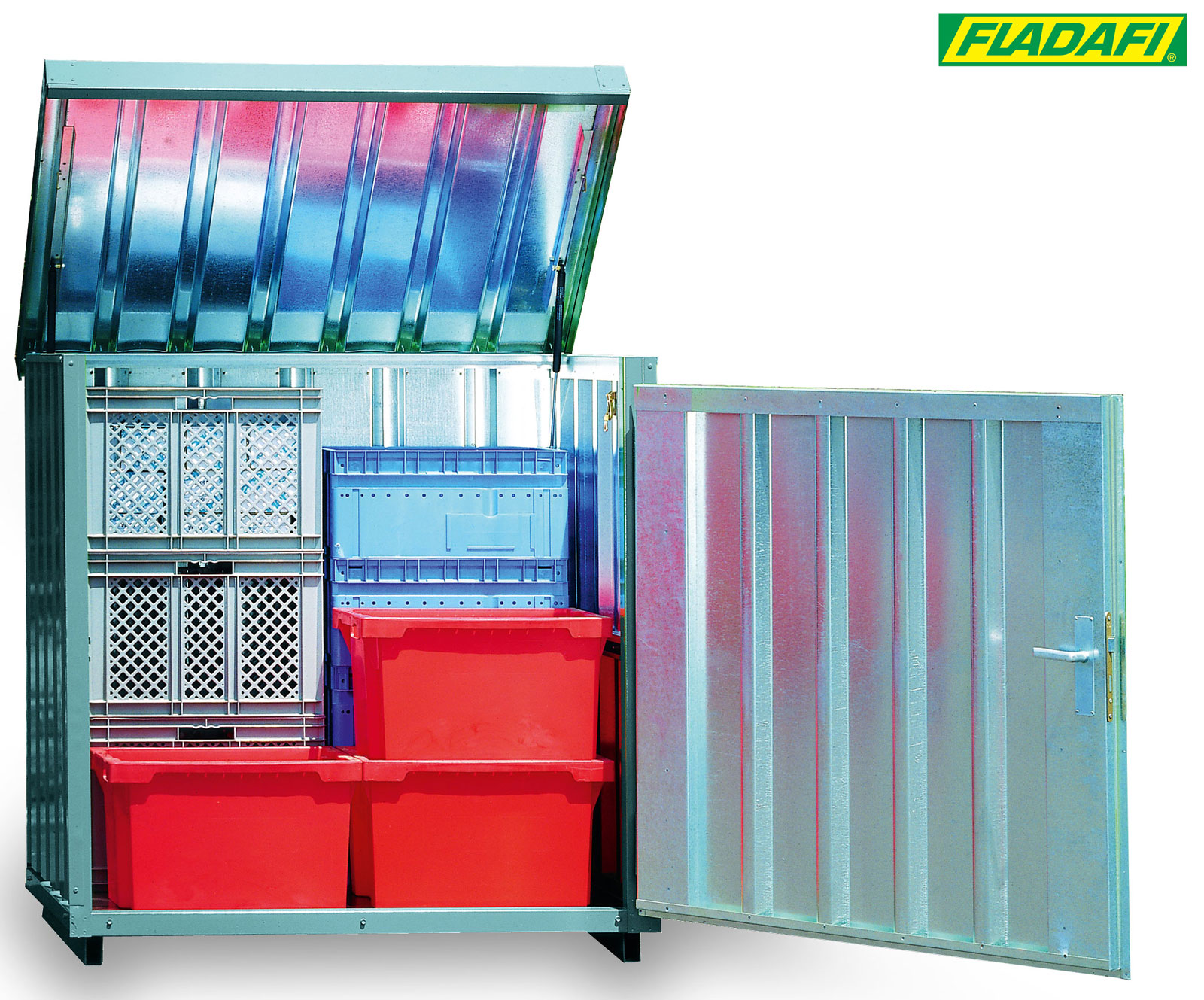 FLADAFI Magazinbox 1420 x 1080 x 1470 mm - mit Boden Magazincontainer MB 2 mit Tür 1270 x 1250 mm - Lagerbox 1 m² mit hochklappbarem Dach - Containerbox fertig montiert (SB-F2601) Bild-01