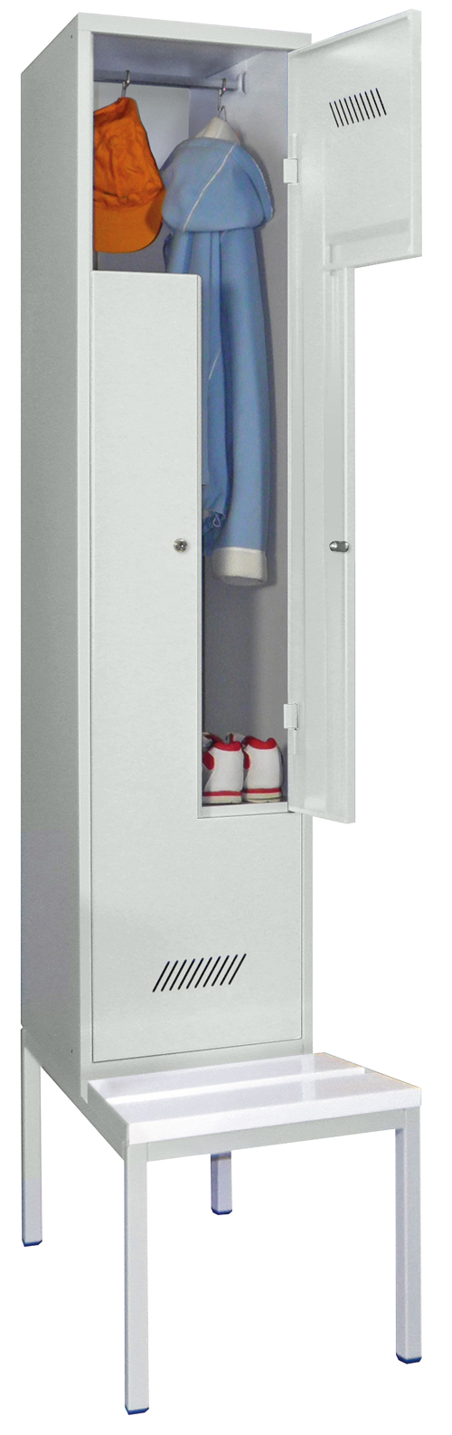 Pavoy Z-Spind mit Sitzbank PVC weiß 2150 x 400 x 500 mm - 2 Abteile mit Zylinderschloss - RAL 7035 Garderobenschrank Z-Form Stahl Fachbreite 200 mm mit Hutboden und Kleiderstange - Korpus lichtgrau | Türen lichtgrau | Sitzbank Kunststoffleiste (PA-60263-2