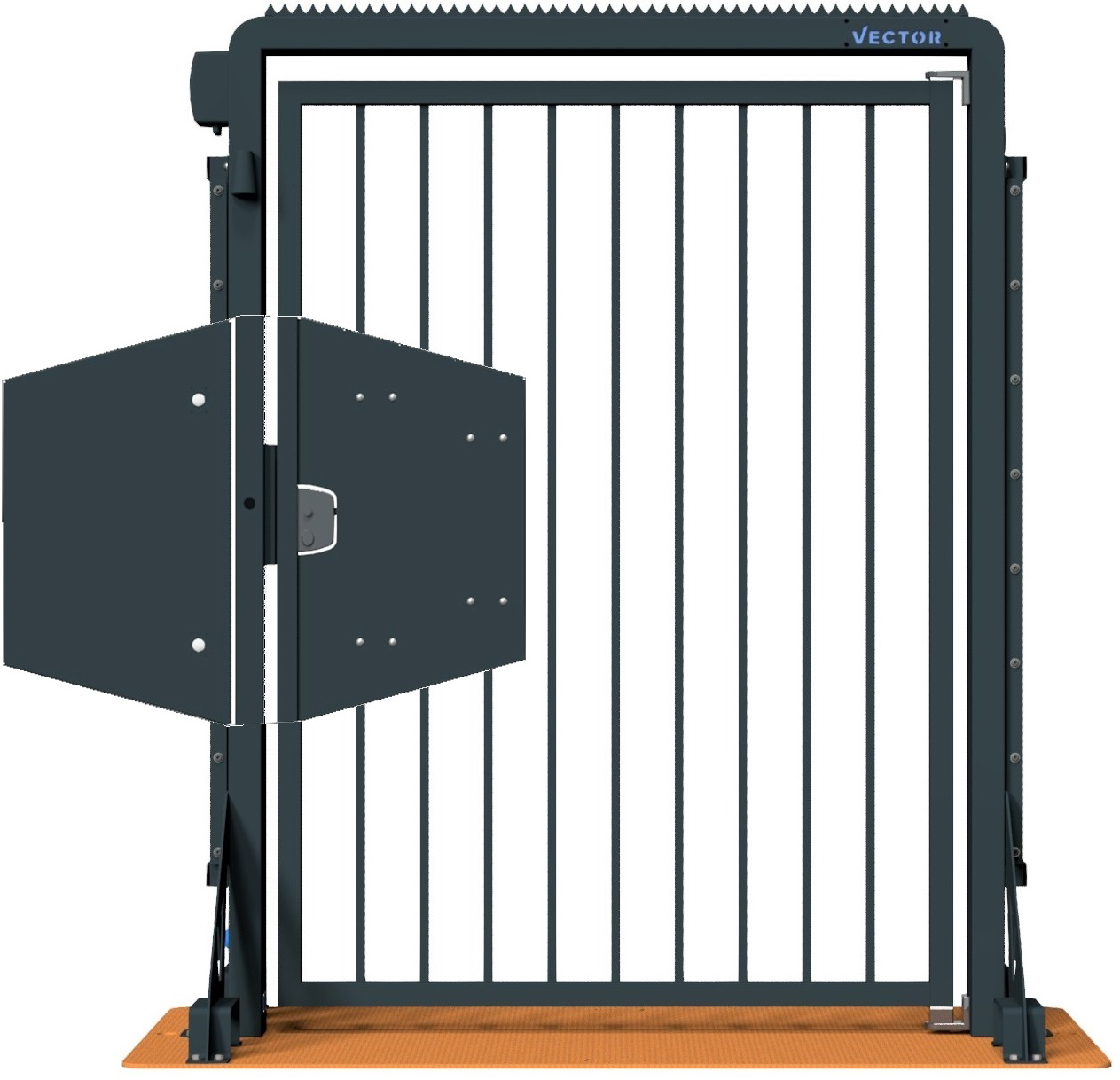 Schake Vector V-Door-Steelplate tiefschwarz - Fluchttür - Doppelstabzaunmodul Durchgangstür mobil mit Stahlplatte zur Geländesicherung - RAL 9002 pulverbeschichtet mit Fluchttür (SK-VPDO22SFD0220) Bild-01