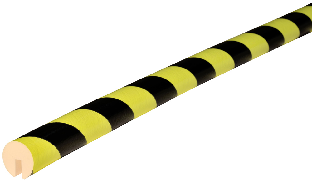 Knuffi Kantenschutzprofil Typ B+ Ø 50 mm neon | schwarz PU - 1,00 m Standard Warnschutz Profil Rundprofil mit U-Aussparung aus Polyurethan - Randprofil gestreift mit selbstklebenden Kanten (SM-PB-11411) Bild-01