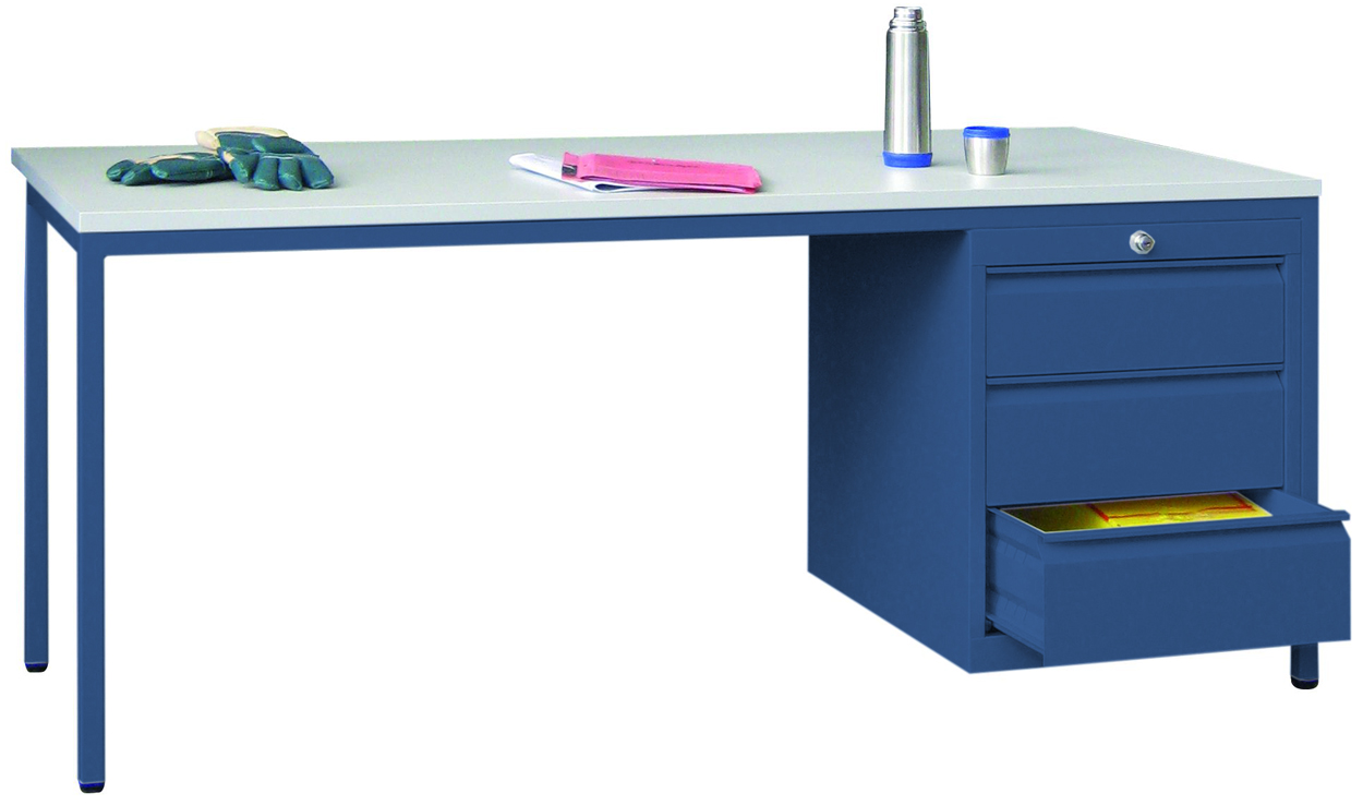 Pavoy Werkstatttisch Modell 006 - 1700 x 800 x 720 mm | mit 1 x 3 Schubladen - RAL 5010 Schreibtisch Stahl mit Multiplexplatte 25 mm - 1 Schubladenblock | Traglast 150 kg - Gestell enzianblau (PA-78785-170-006-510) Bild-01