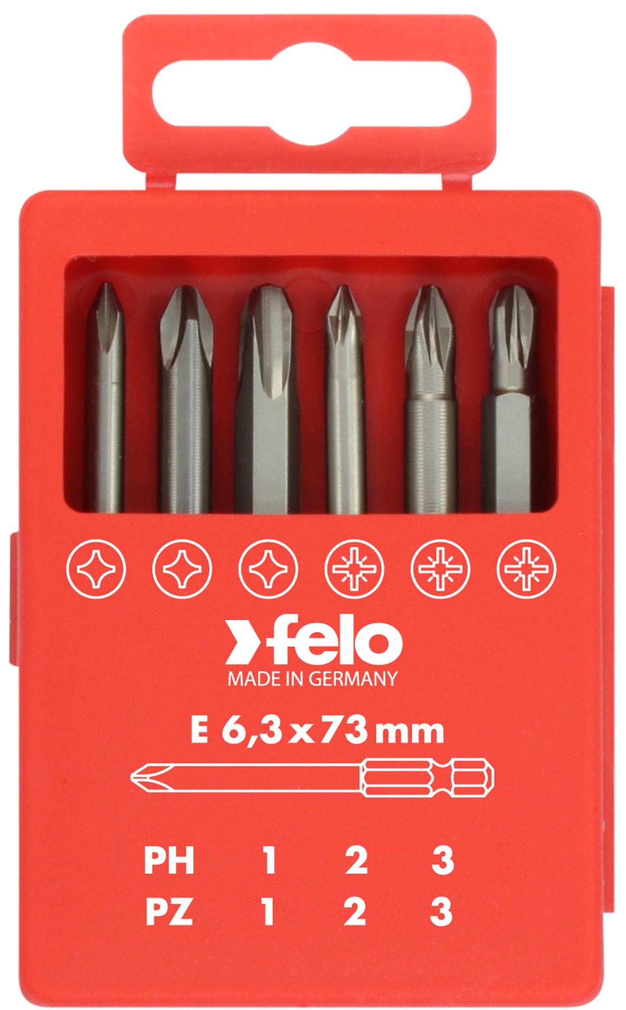 Felo Profi Bit-Box 6-teilig Industrie E 6,3 x 73 mm Kreuzschlitz PZ | PH Bit Set - PZ 1 | PZ 2 | PZ 3 | PH 1 | PH 2 | PH 3 (FL-03291716) Bild-01