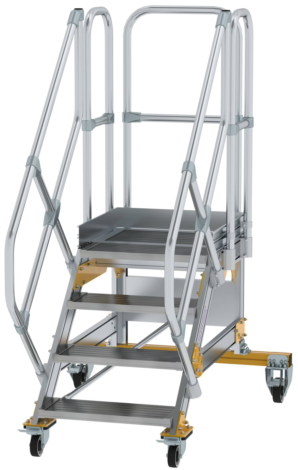 Günzburger Podesttreppe fahrbar 45° 5 Stufen - 600 mm breit Alutreppe fahrbar mit Umlaufgeländer - Stufenausführung Alu gerieft (GB-600765) Bild-01