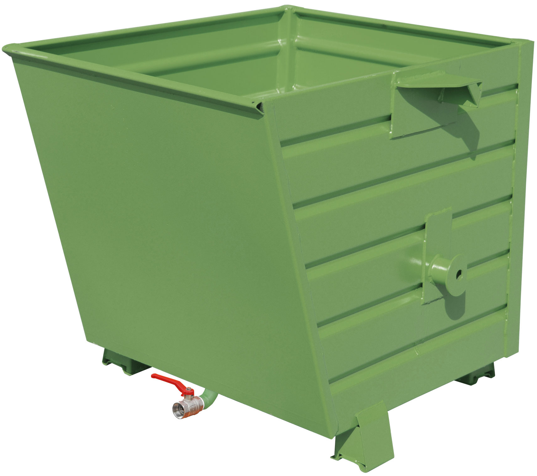 Bauer Späne-Stapelkippbehälter BSL-55 - RAL 6011 Kippmulde 550 Liter für Stapler mit Ablasshahn und Lochblechboden - Schuttmulde resedagrün pulverbeschichtet (BA-4420-16-0000-4) Bild-01