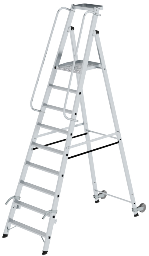 Günzburger Stehleiter mit Rollen und Griff Alu 9 Stufen Leiter mit großer Plattform und Ablageschale - einseitig begehbar (GB-51089) Bild-01