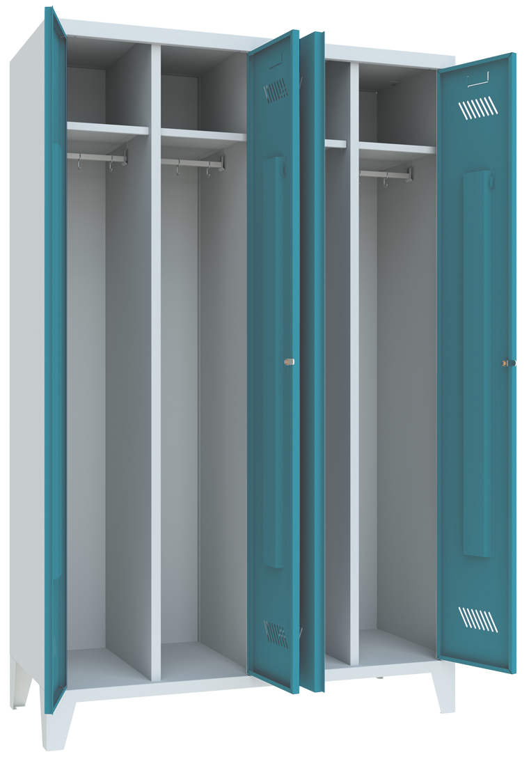Pavoy Spind mit Füßen 1850 x 1170 x 500 mm - 2 Doppel-Abteile mit Zylinderschloss - RAL 7035 | 5012 Garderobenschrank Stahl Fachbreite 600 mm mit Hutboden und Kleiderstange - Korpus lichtgrau | Türen lichtblau (PA-20201-413-331-735512) Bild-01