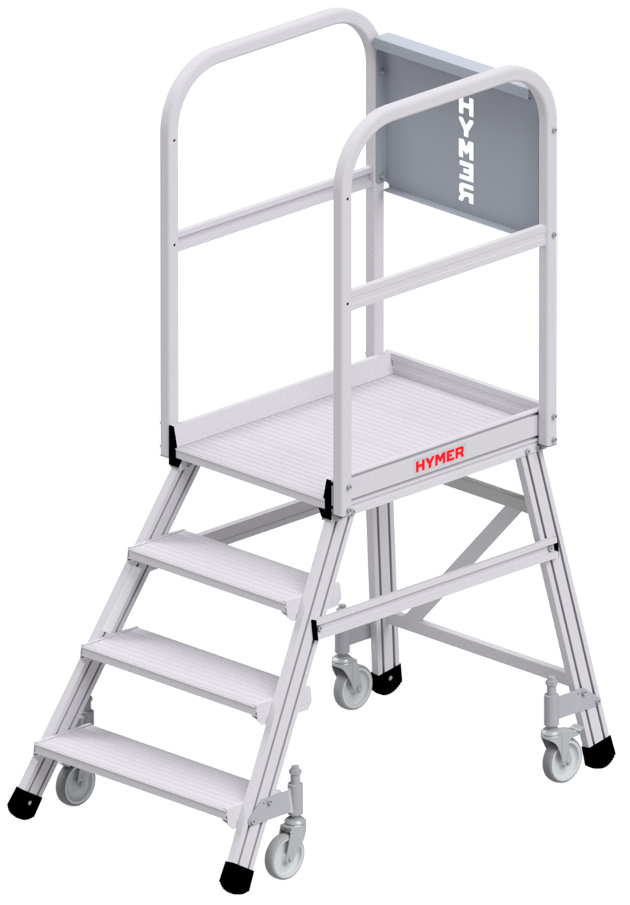 Hymer Podesttreppe fahrbar - 4 Stufen Treppe einseitig begehbar - Plattform 600 x 800 mm | mit Umlaufgeländer - nach DIN EN 131-7 (HY-618804) Bild-01