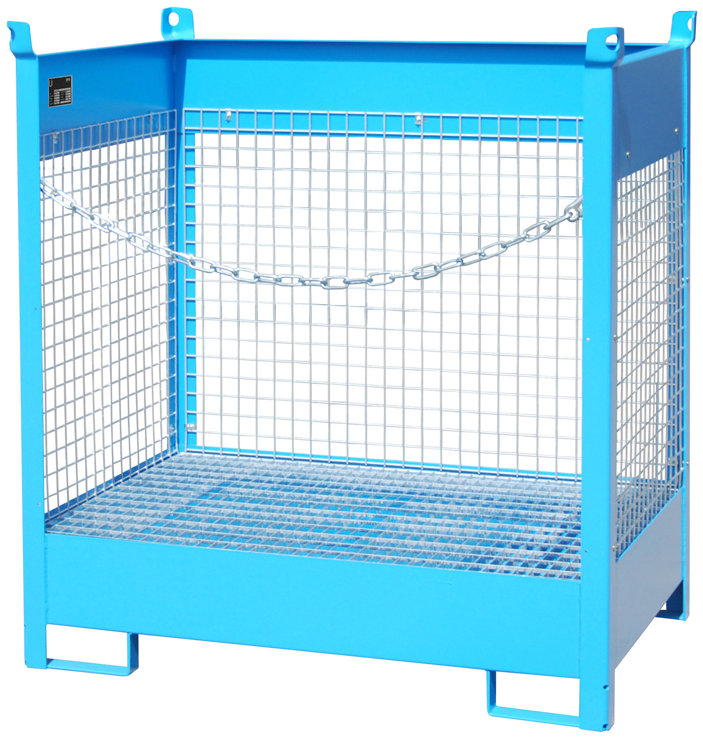 Bauer Fass-Stapelpalette Stahl FSP-2|D - RAL 5012 Transportgestell lichtblau pulverbeschichtet mit Auffangwanne und Drahtgitterwänden - Stapelgestell für 2 Fässer 200 Liter (BA-4442-07-0000-3) Bild-01